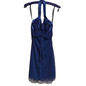 90's Roberta‎ Dress Halter Slip Plunging V Empire Ruffle Raw Edge Mini Navy Sz S